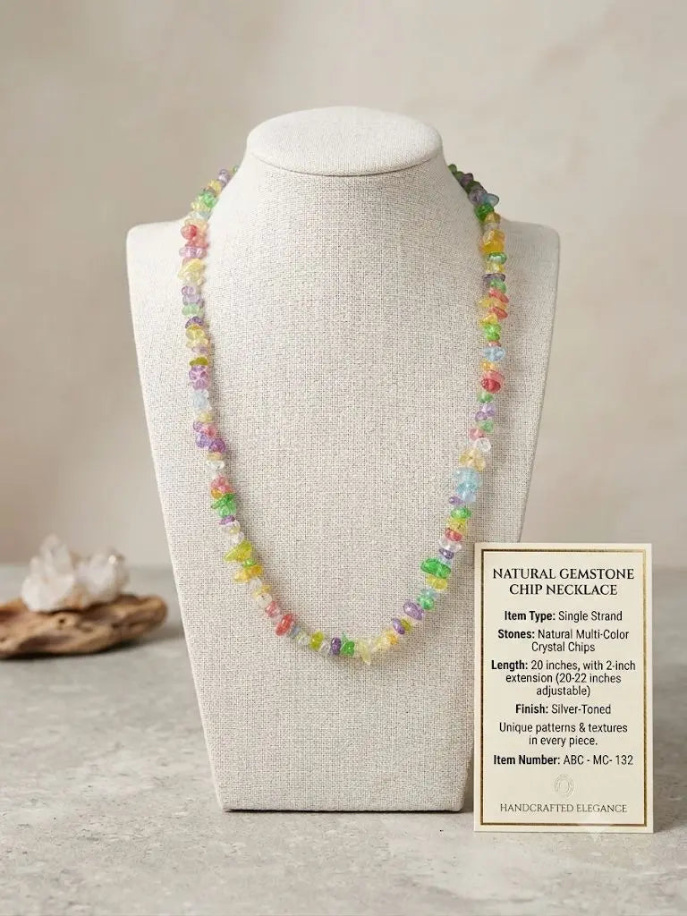 NATURAL GEMSTONE CHIP NECKLACE, Single Strand, Multi-Color Crystal Chips, Length 20-22 inches (adjustable), ABC-MC-132